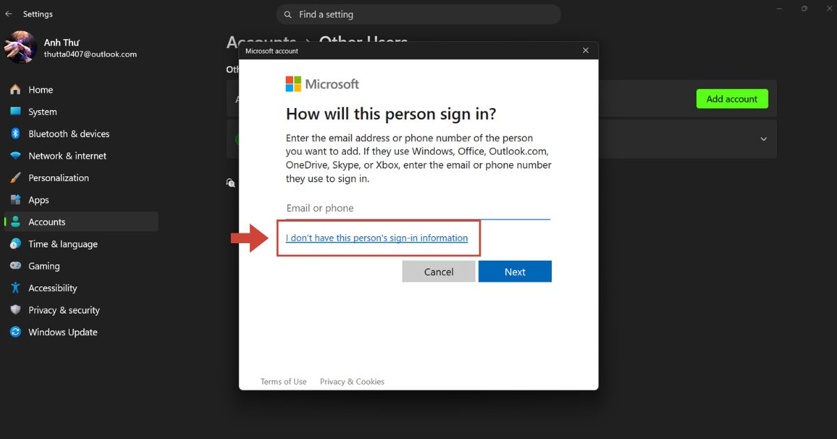 Tổng hợp 07 cách fix lỗi 1132 trên Zoom thành công 100% 45 nhấp vào liên kết "I don't have this person's sign-in information"