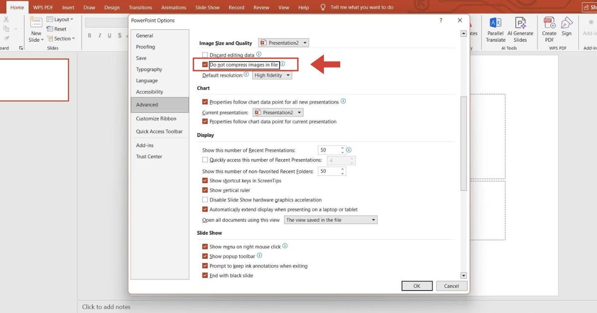 05 Cách dùng hiệu ứng phóng to ảnh trong PowerPoint chi tiết từ A-Z 56 tích chọn vào ô Không nén hình ảnh trong tệp