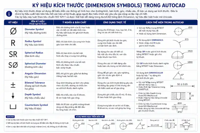 Các ký hiệu trong AutoCAD thường dùng: Tổng hợp đầy đủ và dễ hiểu nhất 16 Ký Hiệu Kích Thước (Dimension Symbols)