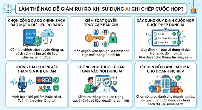 Có nên dùng AI ghi chép cuộc họp? Rủi ro & giải pháp bảo mật từ Fireflies 9 Làm Thế Nào để Giảm Rủi Ro Khi Sử Dụng AI Ghi Chép Cuộc Họp
