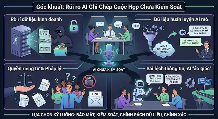 Có nên dùng AI ghi chép cuộc họp? Rủi ro & giải pháp bảo mật từ Fireflies 8 Những Rủi Ro Lớn Khi Dùng AI Ghi Chép Cuộc Họp Chưa Kiểm Soát