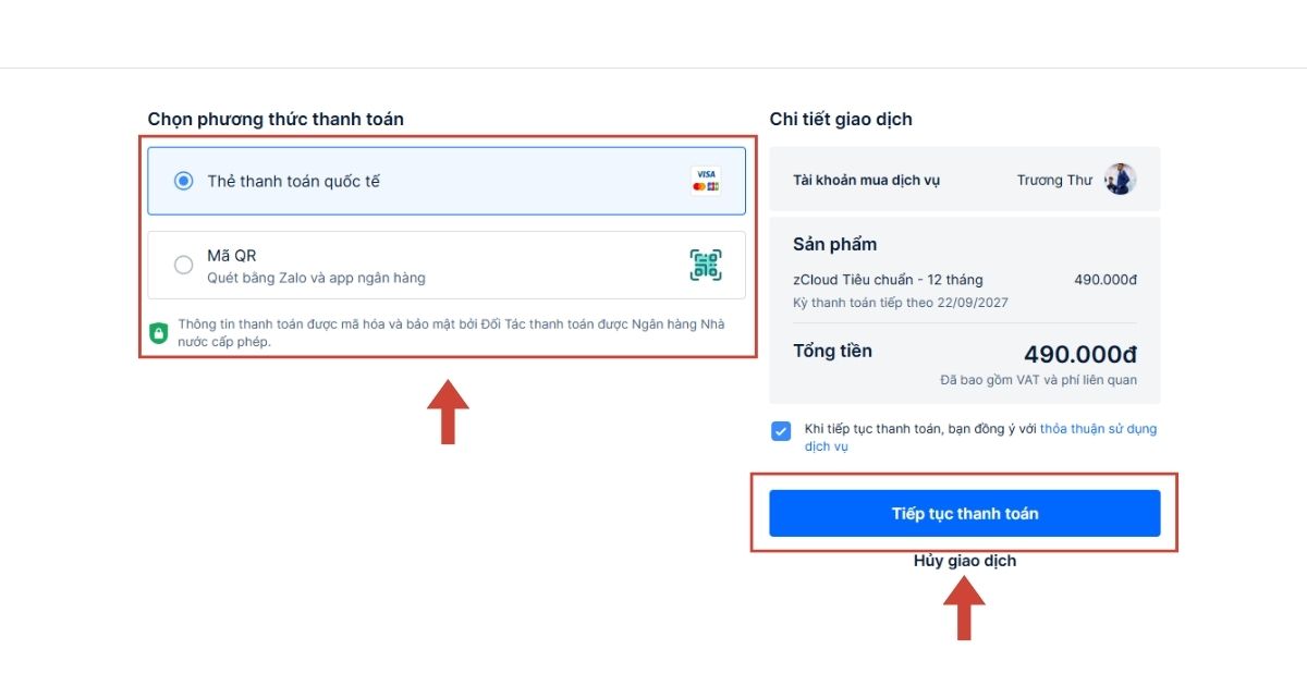 Tư vấn mua zCloud: Bảng giá & lựa chọn phù hợp theo nhu cầu 31 Bấm "Tiếp tục hanh toán"