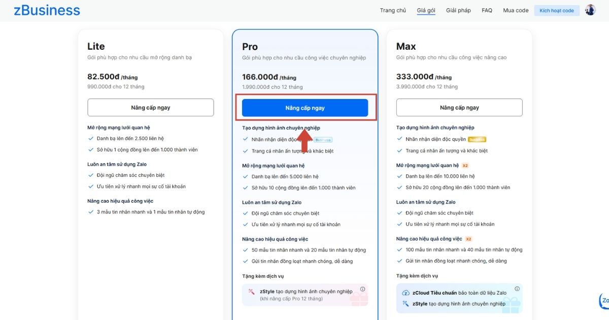 Tư vấn mua Zalo Business: Bảng giá & giải pháp tối ưu 27 Nhấn nút "Nâng cấp ngay" bên dưới gói cước bạn chọn