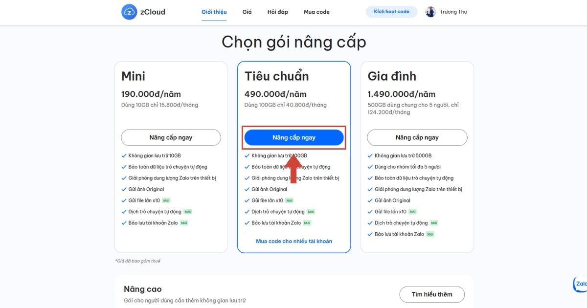 Tư vấn mua zCloud: Bảng giá & lựa chọn phù hợp theo nhu cầu 30 nhấn nút "Nâng cấp ngay"