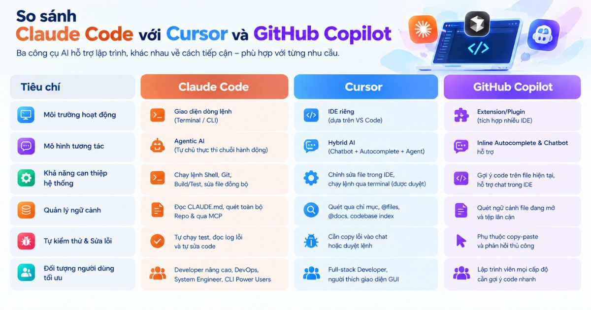 Claude Code là gì? Chi tiết về trợ lý AI lập trình hàng đầu 33 So sánh chi tiết Claude Code với Cursor và GitHub Copilot
